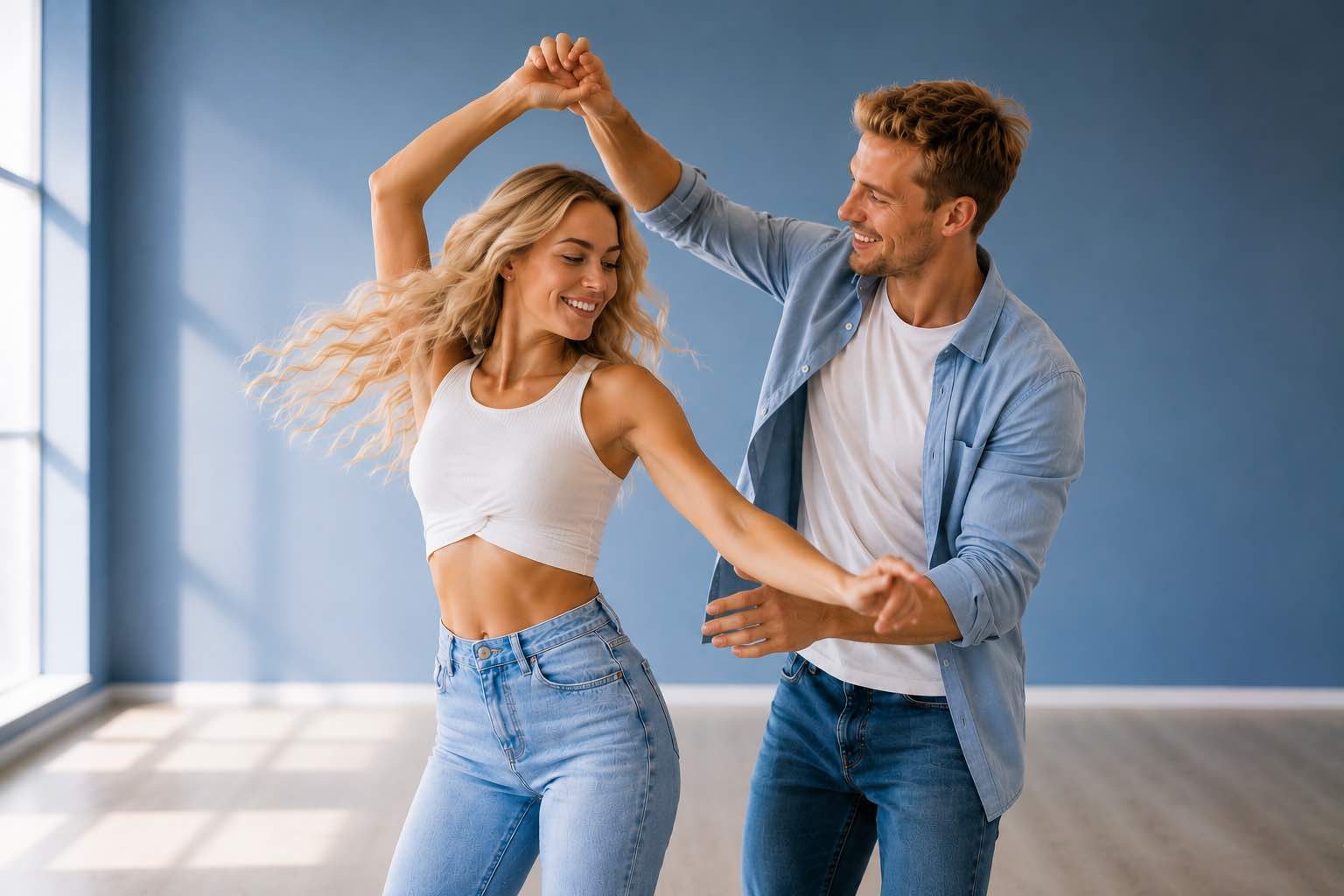 Blondes Paar tanzt lächelnd Discofox vor einem blauem Hintergrund