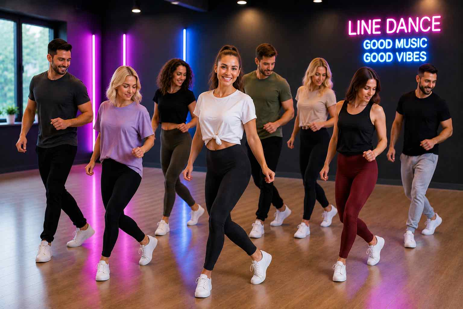 Gruppe tanzt modernen Line Dance in der Tanzschule Time to Dance Bremen.